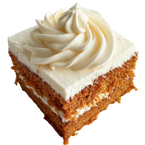 A square piece of home-made carrot cake with cream cheese frosting and a decorative icing swirl on top.