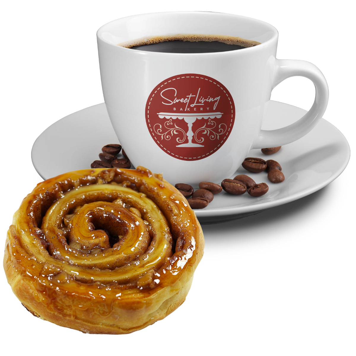 A cup of coffee with coffee beans and a glazed cinnamon roll on a plate awaits at home.